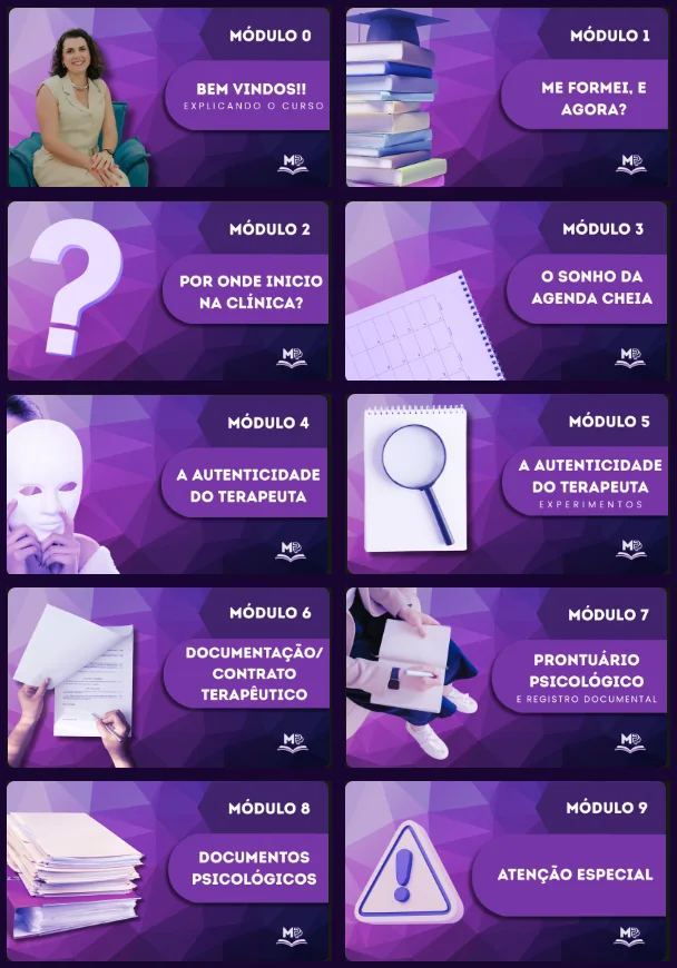 As capas dos dez módulos, como aparecem na área de alunas